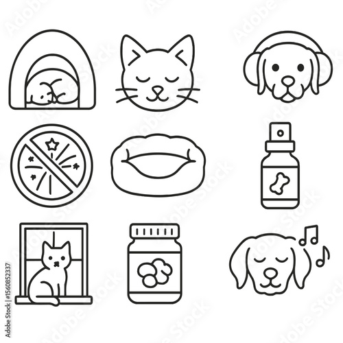 Pet-Friendly New Year Icons. Outline style icons of Pet-Friendly New Year’s: pet hiding spot, calm pet icon, soft pet bed, dog