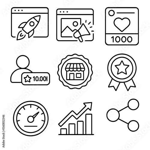 Online Success Icons. Outline style icons of Online Success: website launch, viral post icon, like counter full, follower