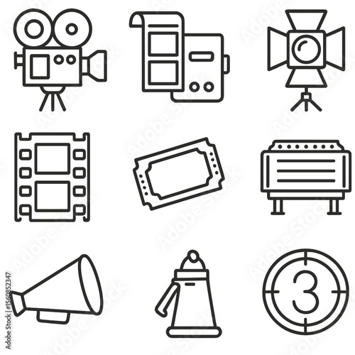 Classic Cinema Icons. Outline style icons of Classic Cinema Icons: vintage film camera, roll of film, retro projector, spotlight,