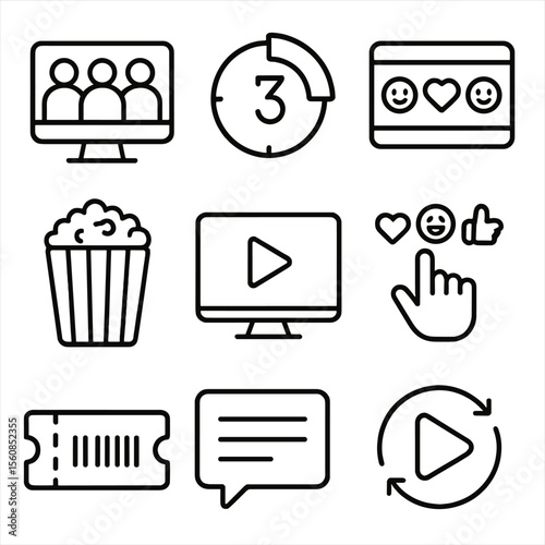 Virtual Watch Party Icons. Outline style icons of Virtual Watch Party: group video chat, countdown start icon, emojis on screen,