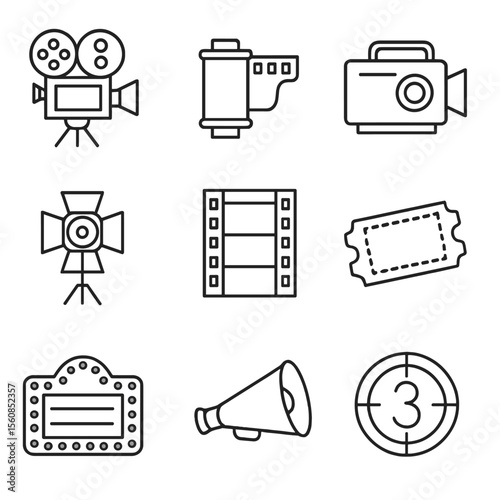 Classic Cinema Icons. Outline style icons of Classic Cinema Icons: vintage film camera, roll of film, retro projector, spotlight,