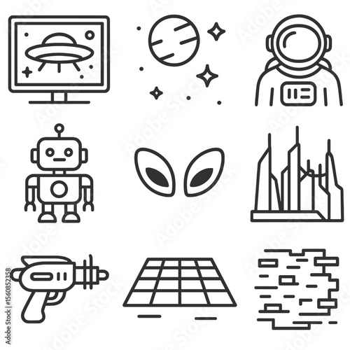 Sci-Fi Icons Set. Outline style icons of Sci-Fi Movie Night: UFO on screen, space background, astronaut figure, robot companion,