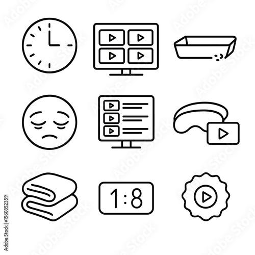 Movie Binge Icons. Outline style icons of Movie Binge Night: clock past midnight, multiple episodes screen, empty snack tray,