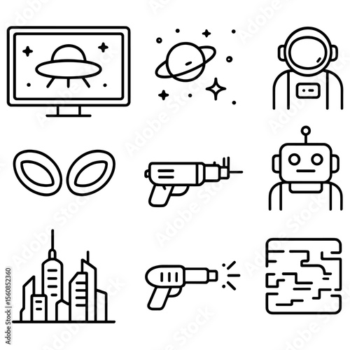 Sci-Fi Icons Set. Outline style icons of Sci-Fi Movie Night: UFO on screen, space background, astronaut figure, robot companion,