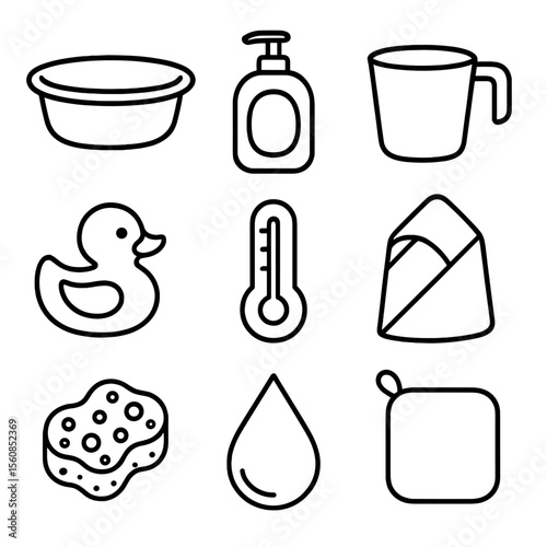 Baby Bath Essentials. Outline style icons of Bath Time Silhouette: baby bathtub, baby shampoo bottle, rinse cup, hooded towel,