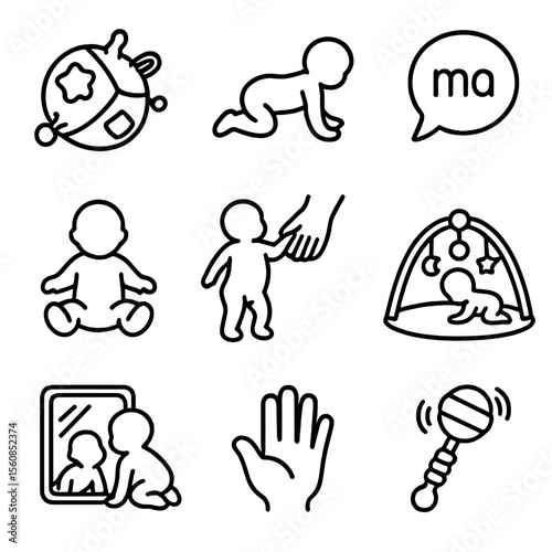 Baby Development Icons. Outline style icons of Baby Development Silhouette: sensory toy, crawling position, sitting baby icon,