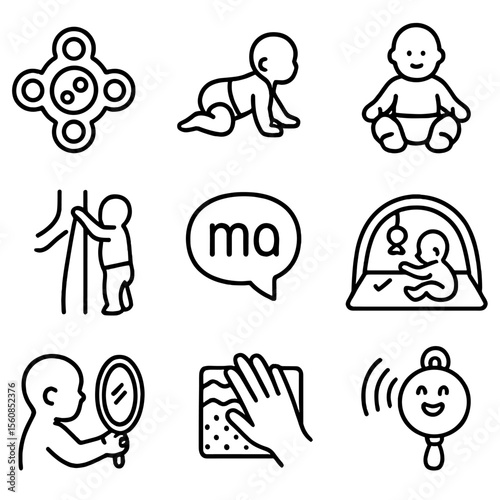 Baby Development Icons. Outline style icons of Baby Development Silhouette: sensory toy, crawling position, sitting baby icon,