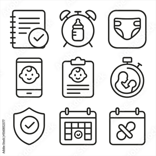 Baby Schedule Icons. Outline style icons of Baby Schedule Tools Silhouette: daily log notebook, feed alarm, diaper timer, baby app