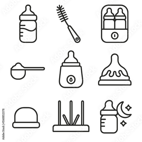 Bottle Feeding Essentials. Outline style icons of Bottle Feeding Silhouette: baby bottle with milk, nipple brush, sterilizer