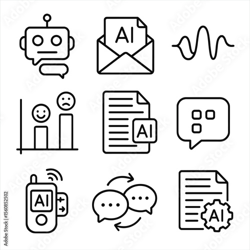 AI Communication Icons. Outline style icons of AI in Communication: chatbot icon, automated email sender, voice assistant wave,