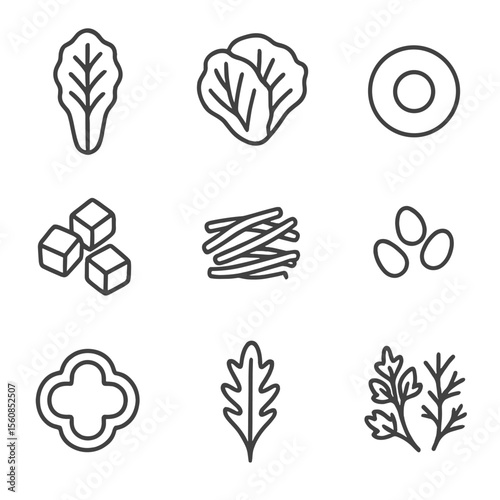 Salad Ingredients Icons. Outline style icons of Salad Ingredients: romaine lettuce, iceberg leaf, radish slice, diced avocado,