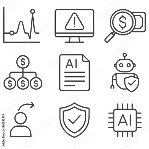 AI Finance Fraud Icons. Outline style icons of AI in Finance Fraud Detection: anomaly spike, fraud alert icon, suspicious
