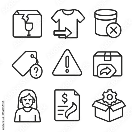 Product Return Icons. Outline style icons of Product Return Reason: broken item box, wrong size icon, expired product symbol, not