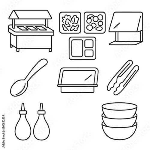 Salad Bar Icons. Outline style icons of Salad Bars: self-serve station, topping containers, sneeze guard, salad scoop spoon,