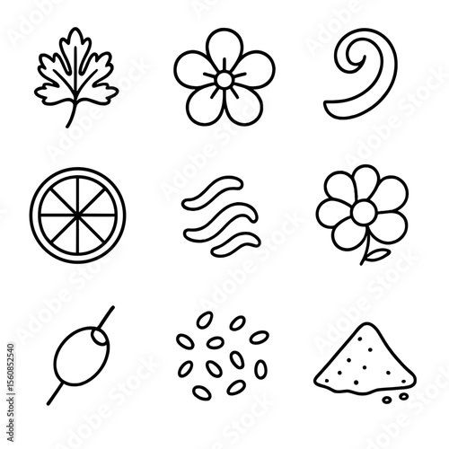 Salad Garnish Icons. Outline style icons of Salad Garnish: parsley flake, edible flower, zest swirl, citrus slice, dressing