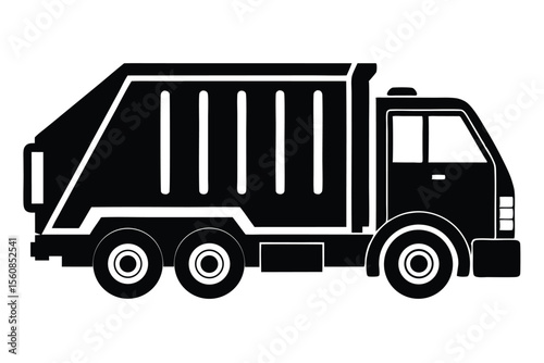 Simplified Black Silhouette of a Garbage Truck with a Compactor and Cab Design