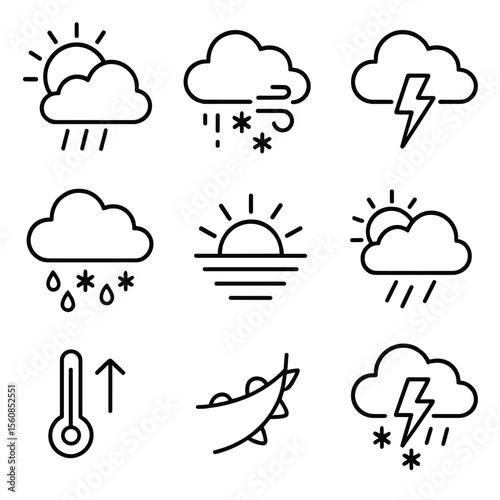 Mixed Weather Icons. Outline style icons of Mixed Weather: sun behind rain, snow and wind mix, cloudy with lightning, rain-snow