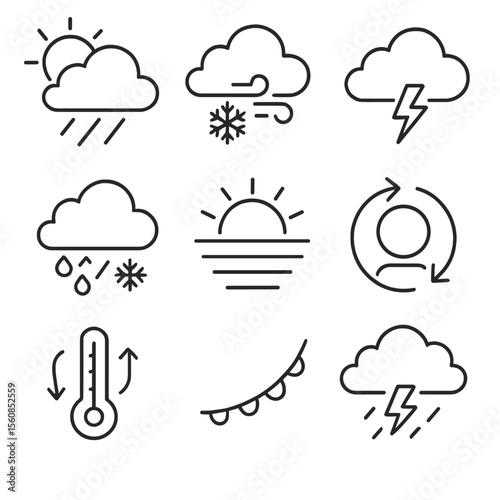 Mixed Weather Icons. Outline style icons of Mixed Weather: sun behind rain, snow and wind mix, cloudy with lightning, rain-snow