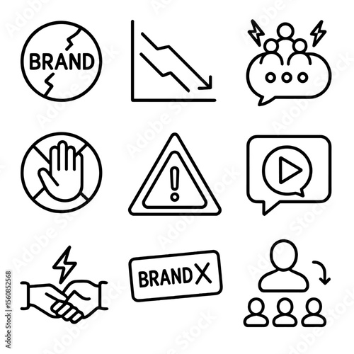 Brand Icon Disarray. Outline style icons of Brand Reputation Damage: cracked brand icon, reputation graph drop, social backlash,