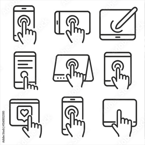 Outline Touchscreen Icons. Outline style icons of Touchscreen Interaction: finger with smartphone, hand touching tablet, stylus on