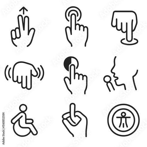 Accessibility Gesture Icons. Outline style icons of Accessibility Gestures: two-finger swipe up for screen reader, triple tap zoom