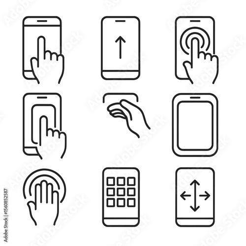 Gesture Zone Icons. Outline style icons of Gesture Zones: top screen touch area, bottom edge swipe zone, middle tap field,