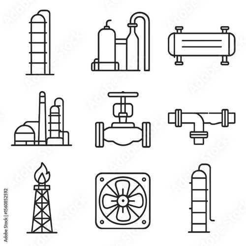 Refinery Equipment Icons. Outline style icons of Refinery Equipment: distillation tower, catalytic cracker, heat exchanger, oil