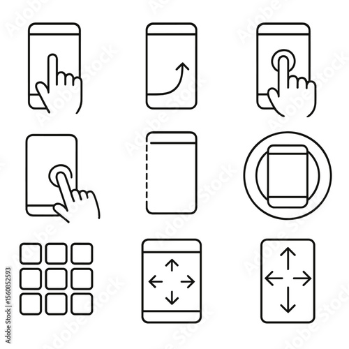 Gesture Zone Icons. Outline style icons of Gesture Zones: top screen touch area, bottom edge swipe zone, middle tap field,