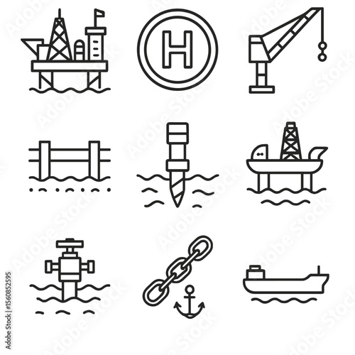 Offshore Oil Icons. Outline style icons of Offshore Oil: oil platform at sea, helicopter landing pad, rig crane, seabed pipeline,