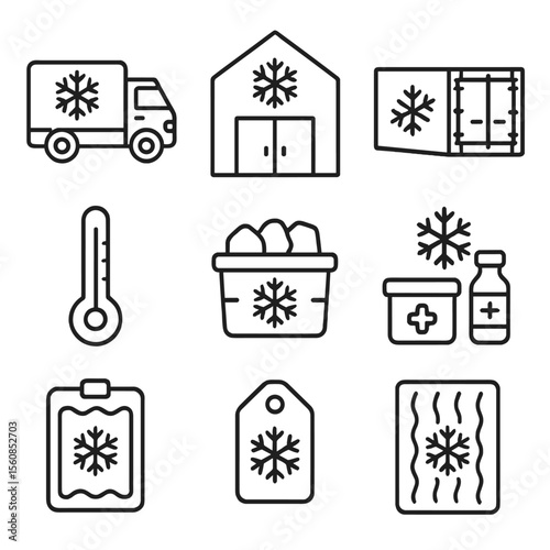 Cold Chain Icons. Outline style icons of Cold Chain Logistics: refrigerated truck, cold storage warehouse, temperature-controlled