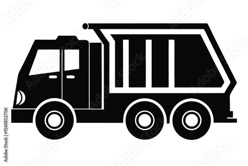 Silhouette of a Black Garbage Truck with Windows and Multiple Wheels