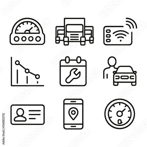 Fleet Management Icons. Outline style icons of Fleet Management: vehicle dashboard, truck fleet icon, telematics device, route
