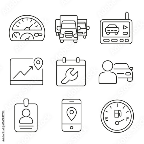 Fleet Management Icons. Outline style icons of Fleet Management: vehicle dashboard, truck fleet icon, telematics device, route