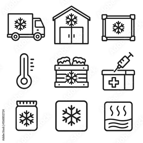 Cold Chain Icons. Outline style icons of Cold Chain Logistics: refrigerated truck, cold storage warehouse, temperature-controlled