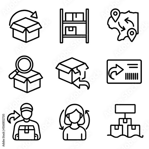 Reverse Logistics Icons. Outline style icons of Return Logistics and Reverse Flow: returned box, item restock icon, reverse flow