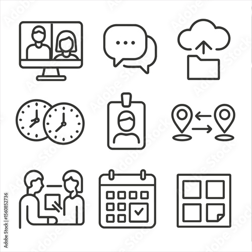 Remote Teamwork Icons. Outline style icons of Remote Teamwork: people on video call, chat bubbles, cloud file sharing, global time