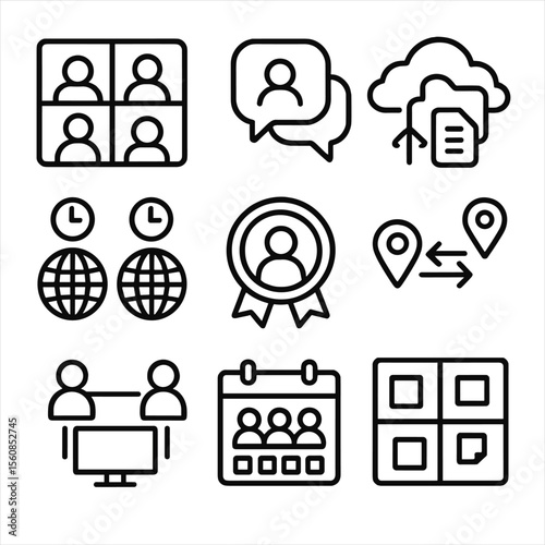 Remote Teamwork Icons. Outline style icons of Remote Teamwork: people on video call, chat bubbles, cloud file sharing, global time