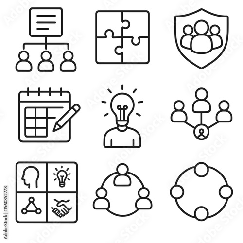 Team Roles Icons. Outline style icons of Team Roles and Strengths: role assignment chart, strength puzzle icon, team badge set,