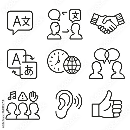 Intercultural Communication Icons. Outline style icons of Intercultural Communication: language bubble icon, multilingual