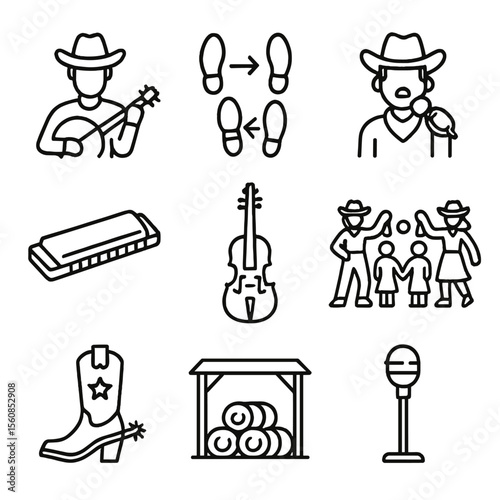 Western Music Icons. Outline style icons of Western Music and Dance: banjo playing, line dance steps, cowboy singing, harmonica,