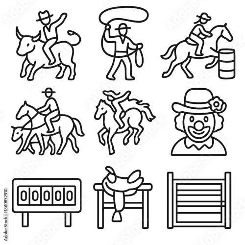 Rodeo Event Icons. Outline style icons of Rodeo Events: bull riding, lasso throw, barrel racing, calf roping, bronco bucking,