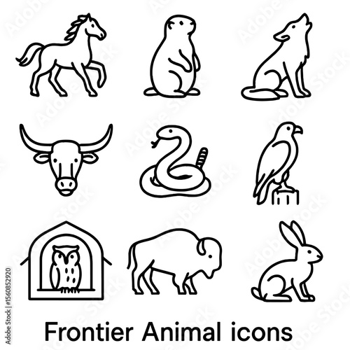 Outline Frontier Animals. Outline style icons of Frontier Animals: wild mustang, prairie dog, coyote howling, longhorn steer,