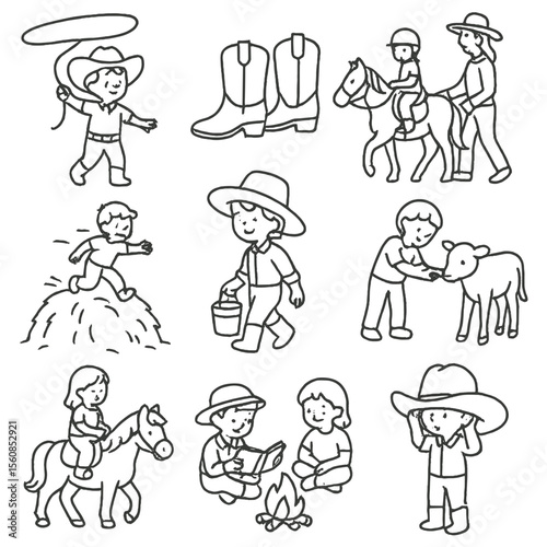 Western Childhood Icons. Outline style icons of Western Children’s Life: child with toy lasso, tiny boots, horseback lesson,