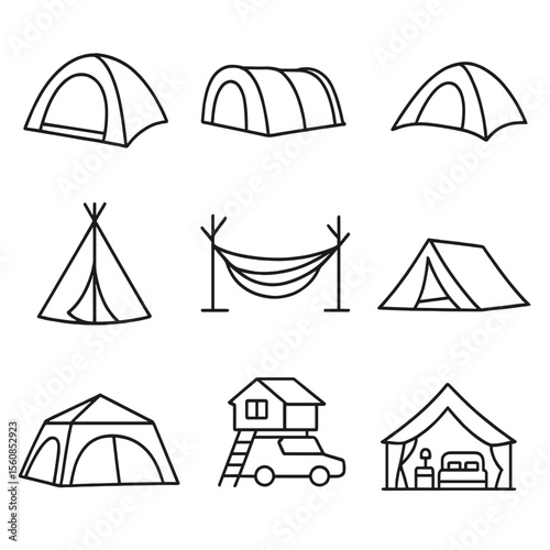 Tent Type Icons. Outline style icons of Tent Types: dome tent, tunnel tent, pop-up tent, teepee tent, hammock tent, single-person