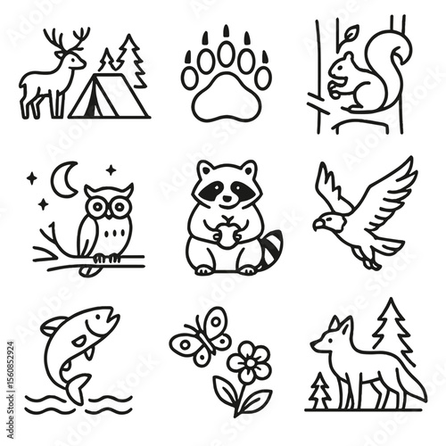 Nature Icons Collection. Outline style icons of Nature Encounters: deer near tent, bear print, squirrel in tree, owl at night,