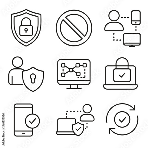 Zero Trust Icons. Outline style icons of Zero Trust Security: zero trust badge, perimeter-free icon, user validation steps, least