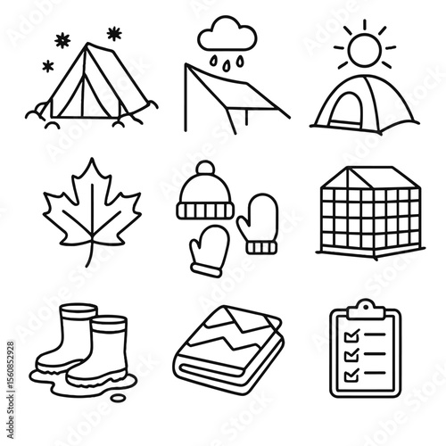 Seasonal Camping Icons. Outline style icons of Seasonal Camping: snow tent, rainy day tarp, summer sun protection, autumn leaf