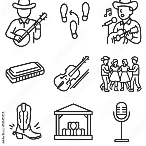 Western Music Icons. Outline style icons of Western Music and Dance: banjo playing, line dance steps, cowboy singing, harmonica,