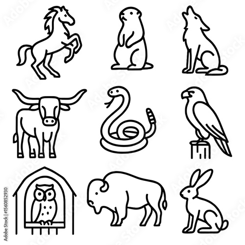 Outline Frontier Animals. Outline style icons of Frontier Animals: wild mustang, prairie dog, coyote howling, longhorn steer,