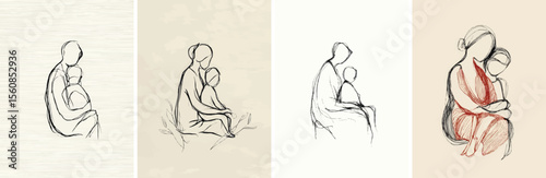 Set of four sketches depicting mother and child sharing an affectionate moment